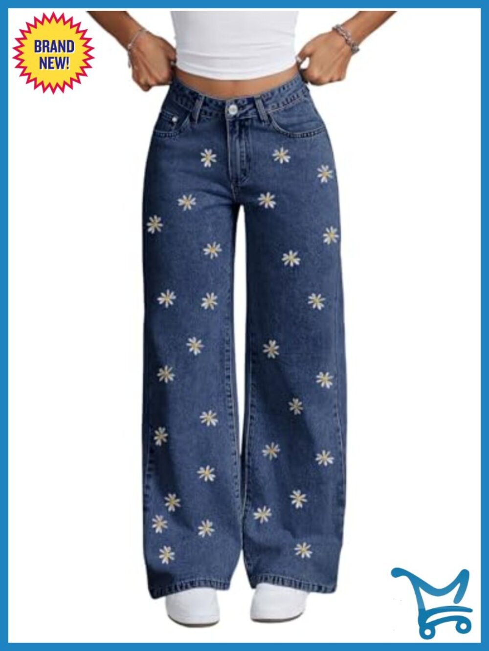 Women's Embroidered Wide Leg High Waist Denim Pants with Pockets